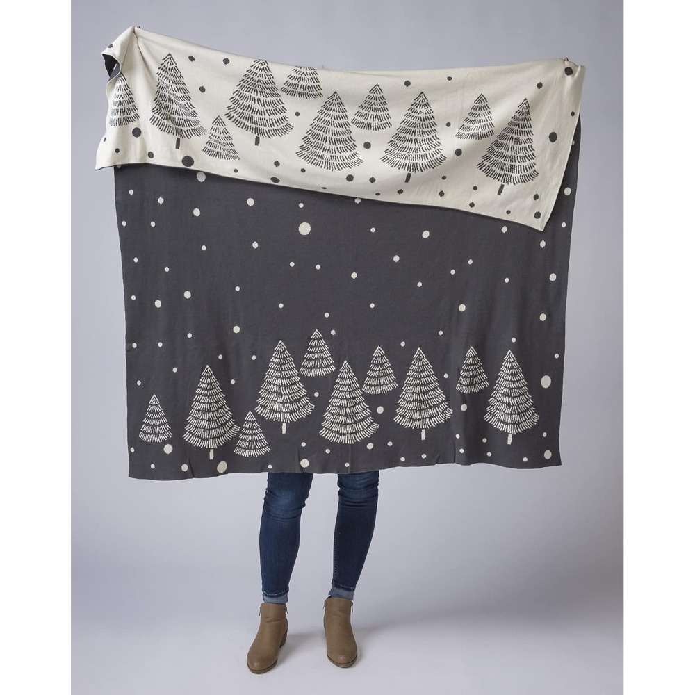 Primitives by Kathy Tree Dots Reversible Throw 100% Cotton 58X48 Gray/Cream NWT